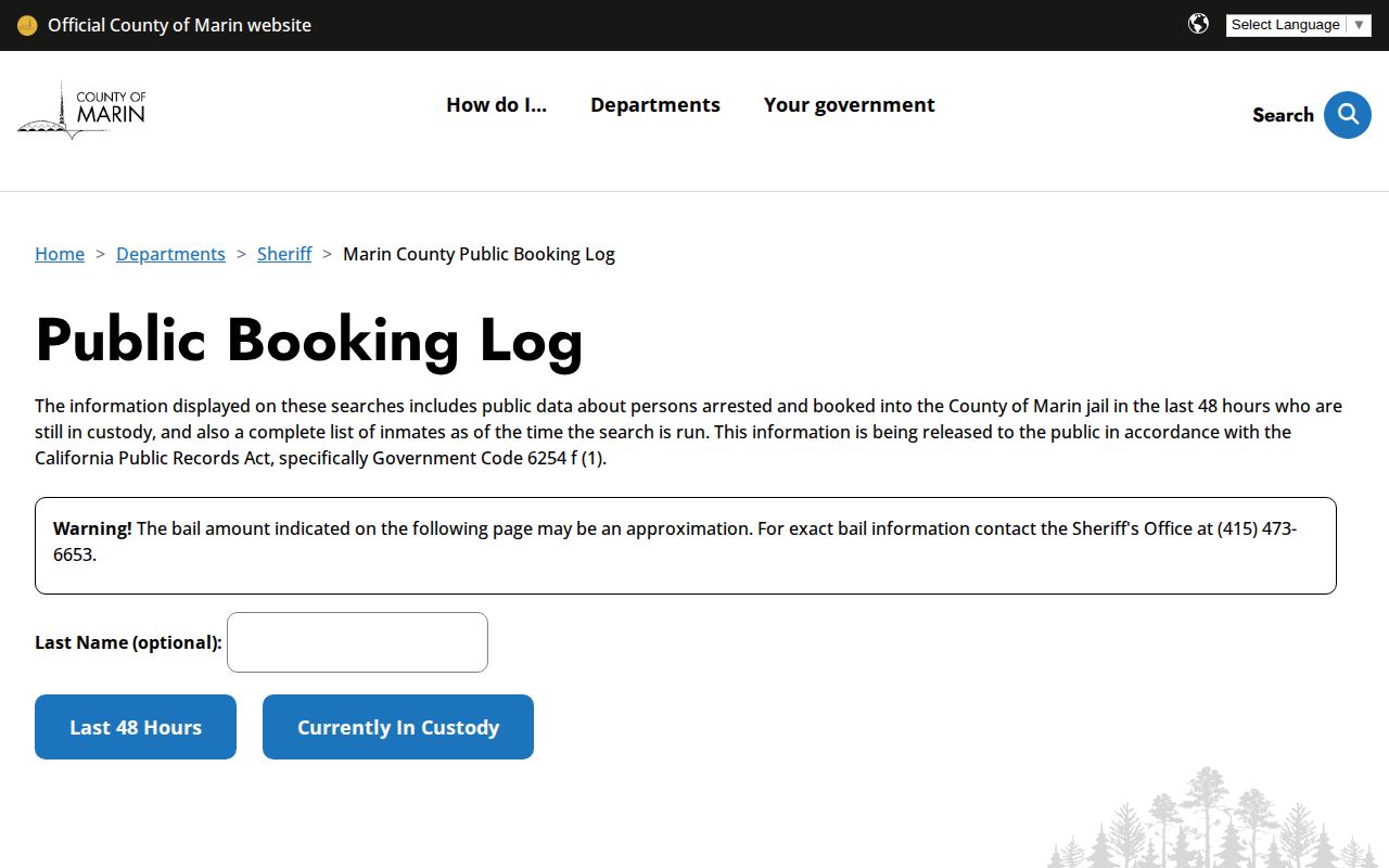 Marin County released inmates public booking log current custody source