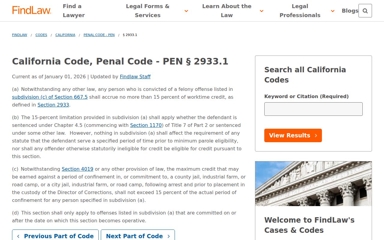 Marin County inmate release date Penal Code 2933.1 credit cap