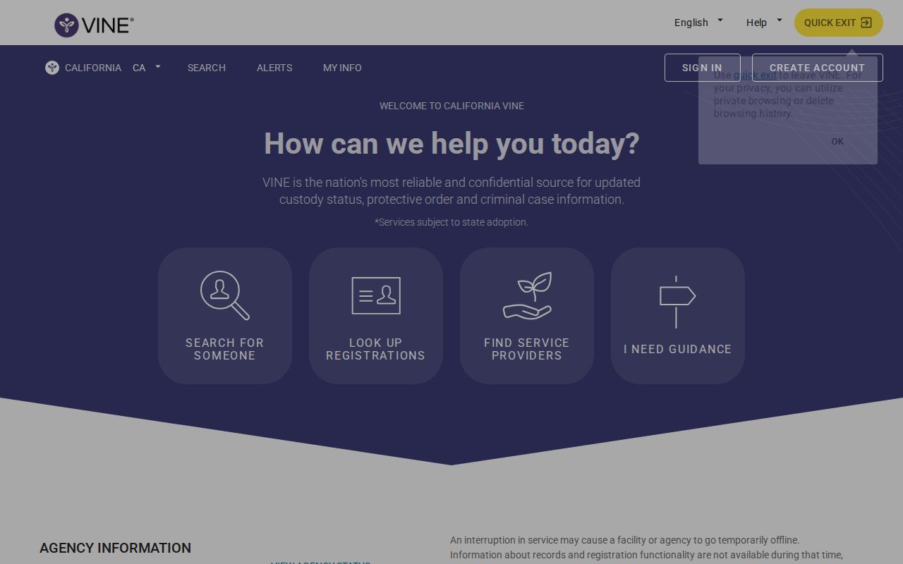 Marin County VINELink release check California VINE search page